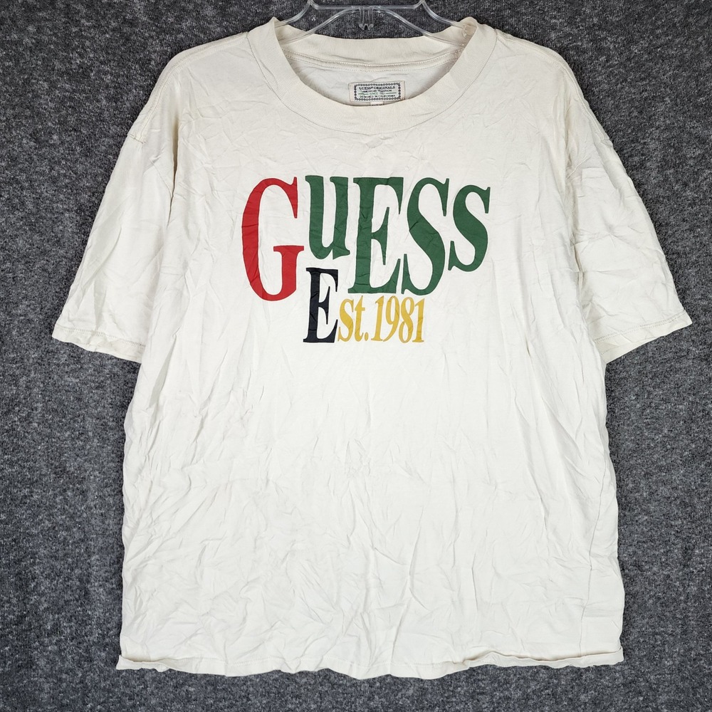 Guess T-Shirt Mens XL Originals Est 1981 Graphic Logo Ivory EUC M93I80K6CS1